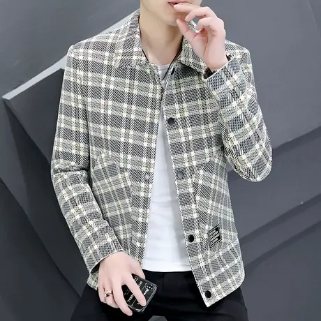 2022新款男装外套潮牌春季格子外穿衣服男士韩版休闲帅气百搭夹克商品大图