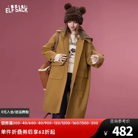 妖精的口袋中长款牛角扣毛呢外套女2023冬季新款设计感连帽呢大衣图片