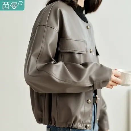 茵曼法式复古PU皮衣外套女2024年春季新款时尚圆领短款夹克上衣图片