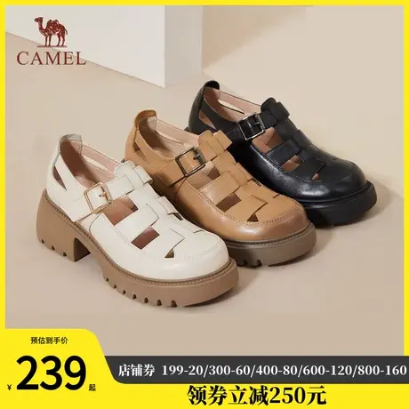 骆驼女鞋2024夏季新款厚底罗马凉鞋女真皮鞋子复古休闲包头猪笼鞋图片