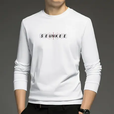 重磅纯棉t恤男长袖卫衣加绒加厚白色打底衫摇粒绒全棉内搭秋衣服商品大图