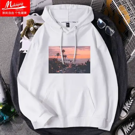 白色ins卫衣男连帽宽松港风小众加绒帽衫春秋冬潮牌情侣2023上衣图片