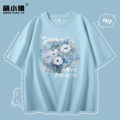 蓝色夏季新款短袖t恤女2023年纯棉宽松独特小上衣夏装设计感体恤商品大图