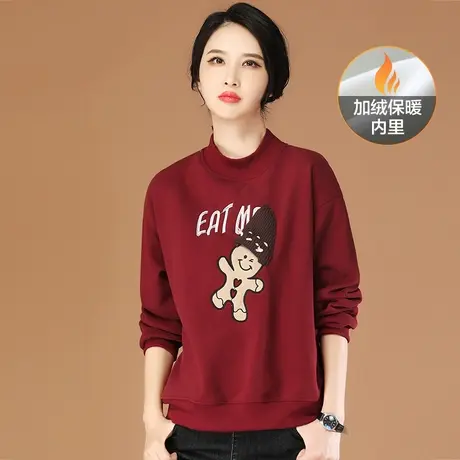 韩潮袭人圆领长袖刺绣加绒套头卫衣女2023冬季新款宽松显瘦上衣厚商品大图