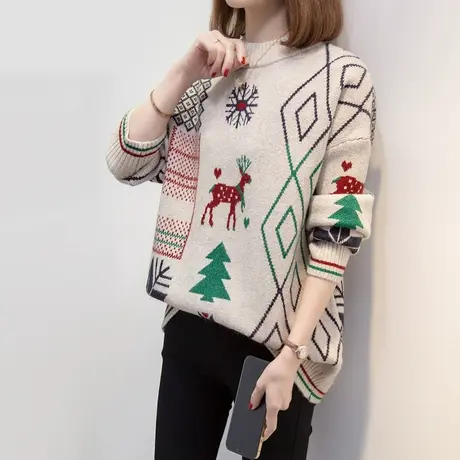 圣诞毛衣女加厚打底衫2023秋冬新款宽松慵懒风外穿针织衫内搭上衣商品大图