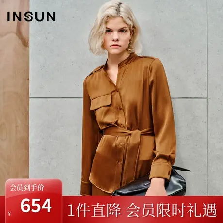 恩裳2023秋季新款美拉德仿醋酸缎焦糖色泡泡肌理绑带衬衫图片