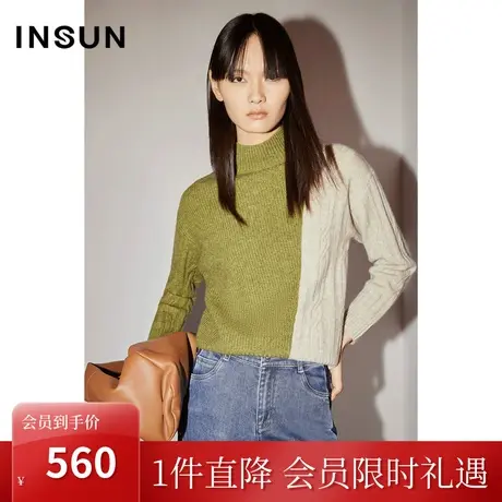 [牦牛绒]恩裳COVER2022年冬平纹拼接麻花拼色高领羊毛毛织衫图片