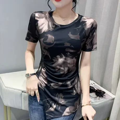 时尚扎染T恤女短袖2023夏季新款不规则开叉上衣性感网纱修身小衫商品大图