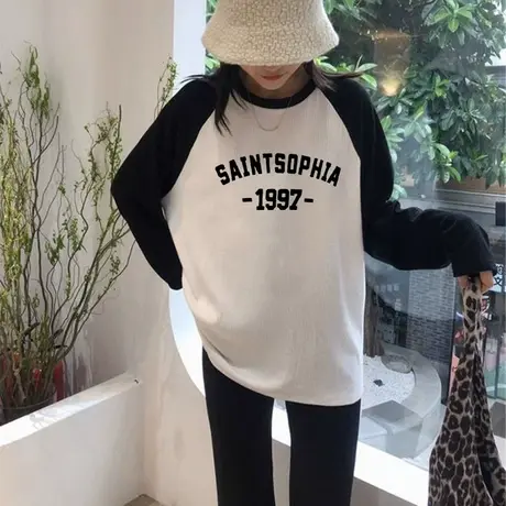 2023秋冬新款美式复古拼接撞色长袖t恤女遮臀大版中长款休闲上衣图片