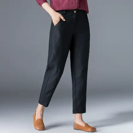 棉麻哈伦裤女2023夏季九分裤宽松薄款小脚萝卜裤休闲高腰亚麻女裤商品大图