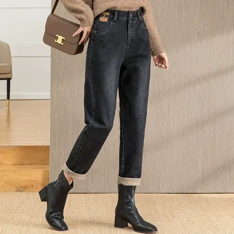 加绒牛仔裤女冬季2023年新款加厚裤子秋冬女裤九分萝卜老爹哈伦裤图片