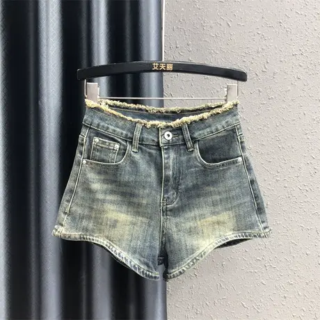 怀旧风复古设计牛仔短裤潮女夏新款宽松显瘦不规则a字牛仔阔腿裤商品大图