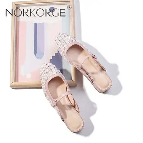 原创新款夏小香风仙女配裙子外穿紫色包头拖鞋女真皮凉拖粗跟凉鞋图片