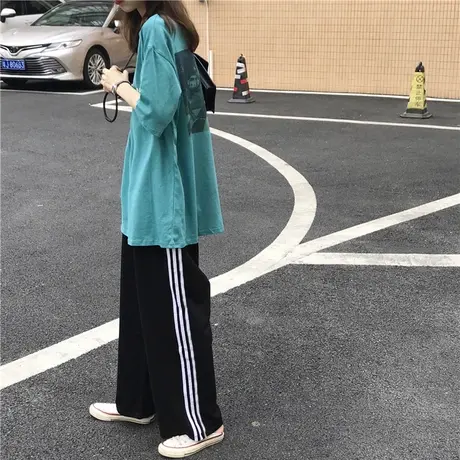 日系裤子女夏薄款日系休闲阔腿裤显瘦百搭学生盐系直筒宽松运动裤商品大图