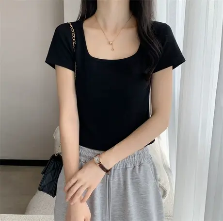 ins超火设计感圆领短袖T恤女夏韩版潮小众短款高腰纯色紧身上衣服商品大图