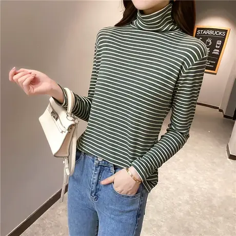 薄款2023新款高领条纹打底衫女秋冬长袖T恤修身洋气内搭洋气上衣商品大图