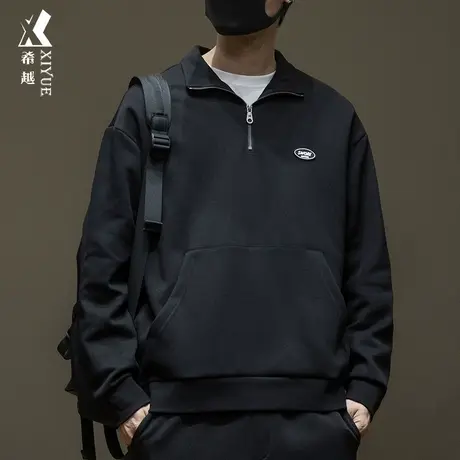 希越半拉链针织重磅卫衣男秋季宽松大码贴布按扣袋鼠兜翻领上衣潮图片