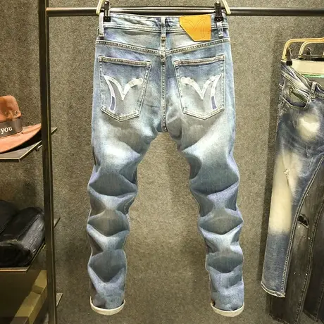 2023新款牛仔裤男高端水洗修身小脚裤男士潮牌刺绣复古做旧长裤子商品大图