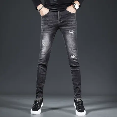 黑色假破洞牛仔裤男款修身小脚裤2023新款秋季潮牌痞帅弹力男裤子商品大图