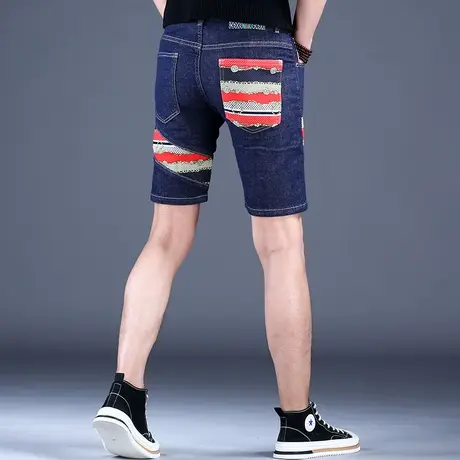 夏天拼接三分牛仔短裤男款修身秋款薄款五分裤子男高端中裤深蓝色商品大图