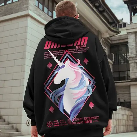 oversize加肥加大码潮牌连帽衫情侣独角兽加绒胖子男装套头卫衣潮商品大图