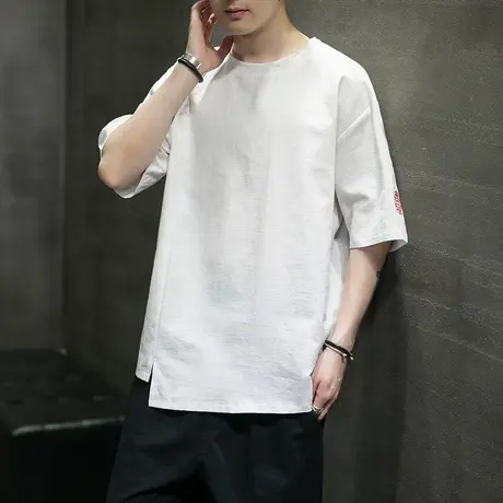 复古风刺绣短袖男棉麻汗衫不规则下摆个性上衣中国风秋季薄款T恤图片