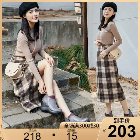 2023秋冬新款手工厚底高跟坡跟牛皮短靴女防水台真皮休闲鞋皮鞋商品大图