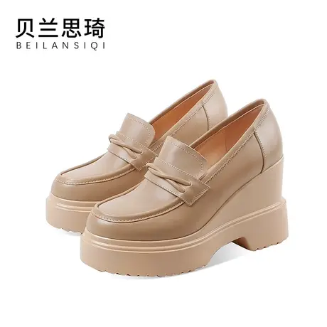 真皮舒适杏色圆头厚底中口坡跟单鞋女2024春秋季新款防水台高跟鞋商品大图