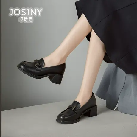 卓诗尼女鞋2024春新款高跟乐福鞋女粗跟小皮鞋商场同款4J1A21901图片