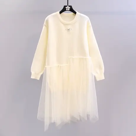 温柔风中长款网纱拼接毛衣女秋冬2023新款韩版宽松洋气针织连衣裙商品大图