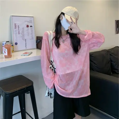 2023夏季新款防晒罩衫上衣辣妹女装网纱冰丝薄款长袖宽松正肩t恤商品大图