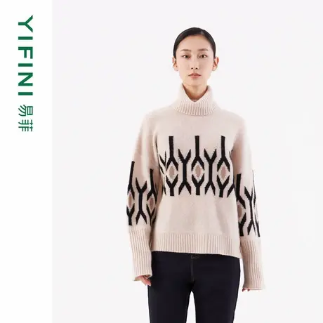 [专柜同款]Yifini/易菲山羊绒混纺保暖高领宽松短款针织衫毛衣女商品大图