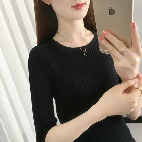七分袖针织衫女春秋2025新款修身圆领上衣短款内搭秋季薄款打底衫图片
