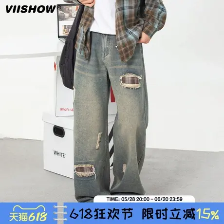 VIISHOW美式高街复古破洞水洗牛仔裤男2025年春直筒宽松阔腿长裤图片