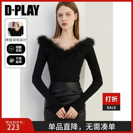 DPLAY2025春季新款黑色毛衣女拼接羽毛修身打底衫气质针织衫上衣商品大图