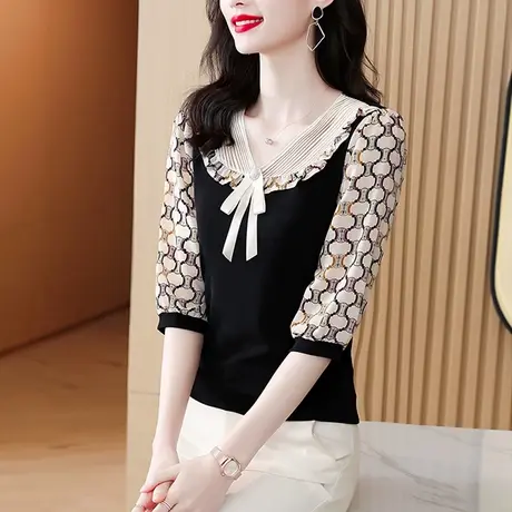 夏季雪纺小衫女士中袖2023新款时尚气质V领七分袖洋气宽松女衬衣商品大图