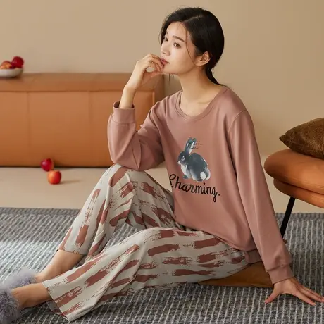 秋鹿柔软透气纯棉可爱兔子睡衣女春秋季长袖长裤可外穿家居服套装商品大图
