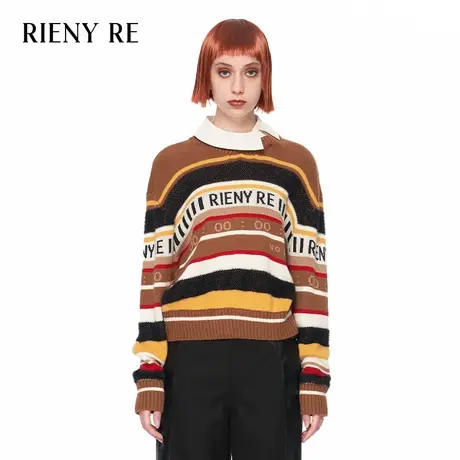 RIENYRE针织衫女2023秋冬新款复古设计感慵懒假两件撞色条纹上衣图片