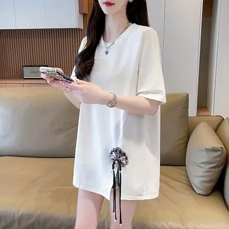 不规则开叉短袖t恤女夏季韩版宽松大码女装中长款设计感小众上衣图片