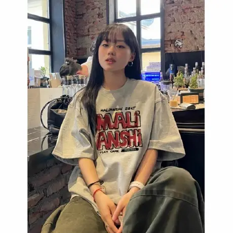 美式复古纯棉短袖t恤女2025新款夏季设计感小众宽松潮牌落肩体恤商品大图
