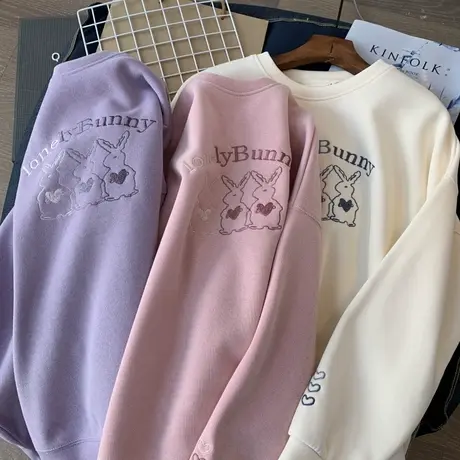 春秋装女2023年新款韩国刺绣兔子百搭圆领宽松无帽卫衣薄款上衣潮商品大图