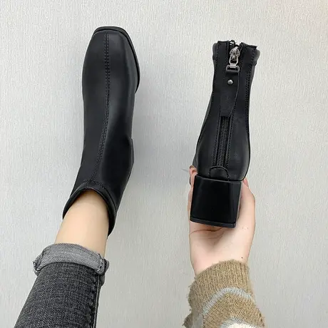 马丁靴女英伦风2022新款秋冬季加绒女靴中跟瘦瘦靴显脚小粗跟短靴图片