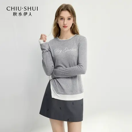 【悟空粉丝专享】秋水伊人简约字母圆领T恤春女时尚拼接弹力上衣图片