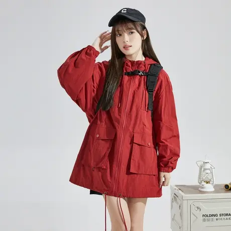 唐狮2024春秋季工装外套女连帽红色休闲新年外套oversize美式潮流商品大图