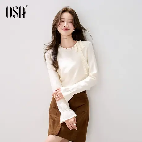 [新品]OSA欧莎法式蕾丝飘带毛针织衫2025秋季新款女气质内搭上衣商品大图