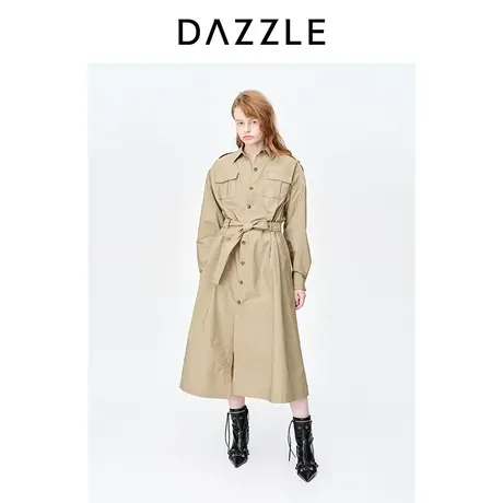 DAZZLE地素奥莱23春季新款卡其色简约通勤长款收腰系带风衣外套图片