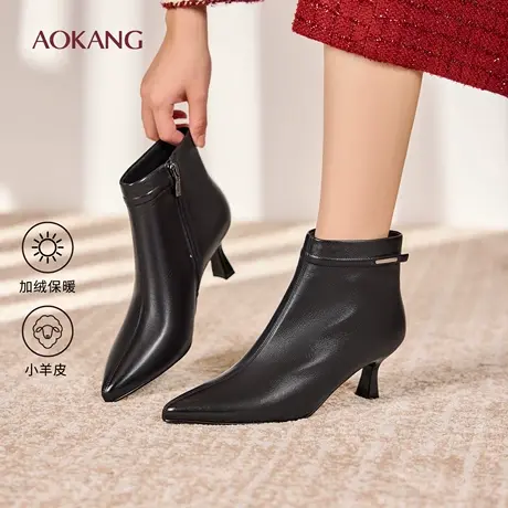 奥康 女鞋2025冬季真皮法式短靴细跟气质羊皮加绒及踝靴女士皮鞋商品大图