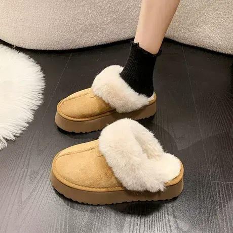 皮毛一体2023冬季新款包头厚底雪地靴女半拖外穿加绒防滑平底棉鞋图片
