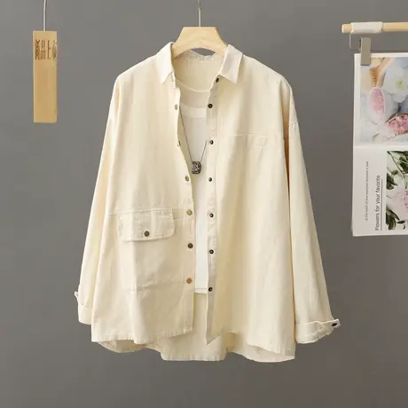 休闲法式复古长袖衬衫外套女2023早秋冬季新款宽松慵懒风工装上衣商品大图