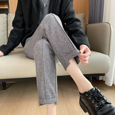 灰色毛呢裤子女秋冬新款高腰宽松小个子休闲加厚呢子直筒烟管裤子商品大图